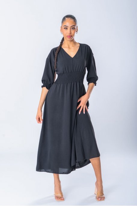 Fluid long dress with short sleeves v-neck black
