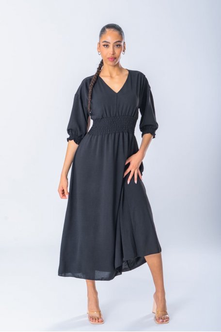 Langes fließendes Kleid mit kurzen Ärmeln und V-Ausschnitt schwarz