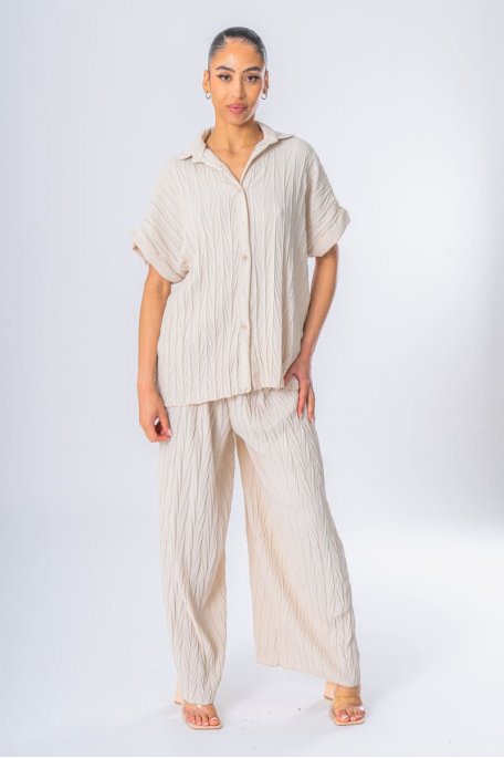 Set Shirt Kurzarm Plissee beige