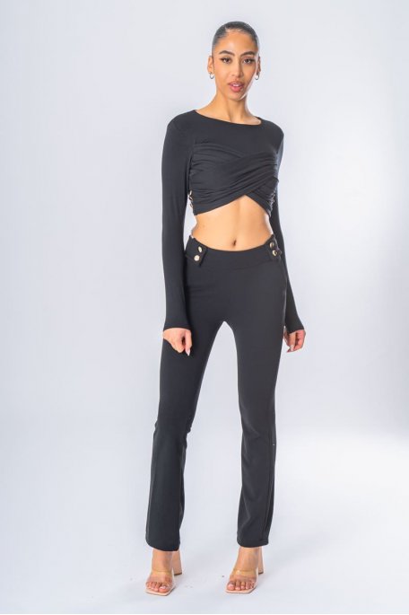 Set Crop Top Ausgestellte Hose Knöpfe Schwarz