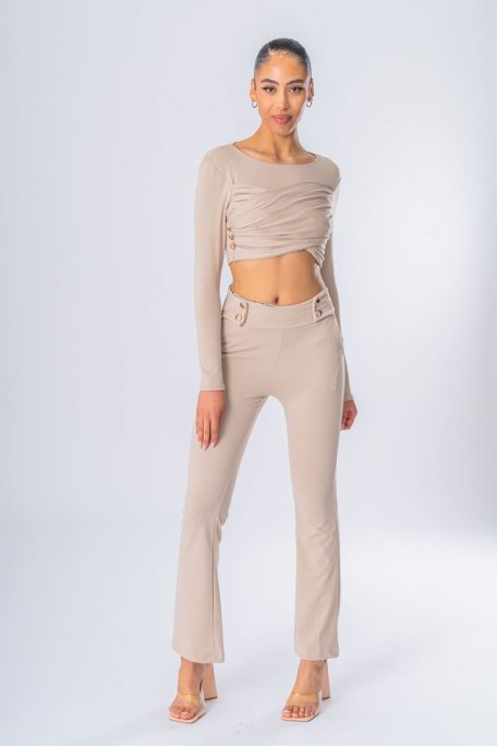 Set crop top flared pants beige buttons