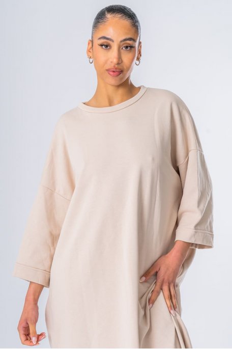 Oversized sweatshirt dress, short sleeves, beige