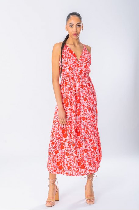 Robe longue motif fleurs col v à bretelles rouge