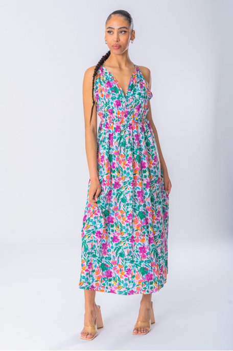 Long dress with flowers v-neck and green straps