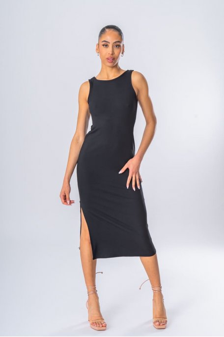 Robe côtelée dos-nu fendue noir
