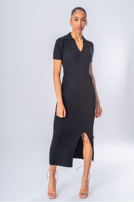 Robe longue fendue fine maille côtelée col chemise noir
