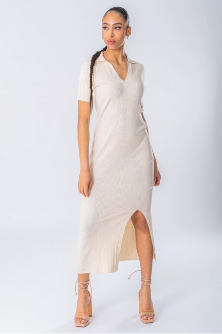 Beige long slit dress with rib knit and shirt collar