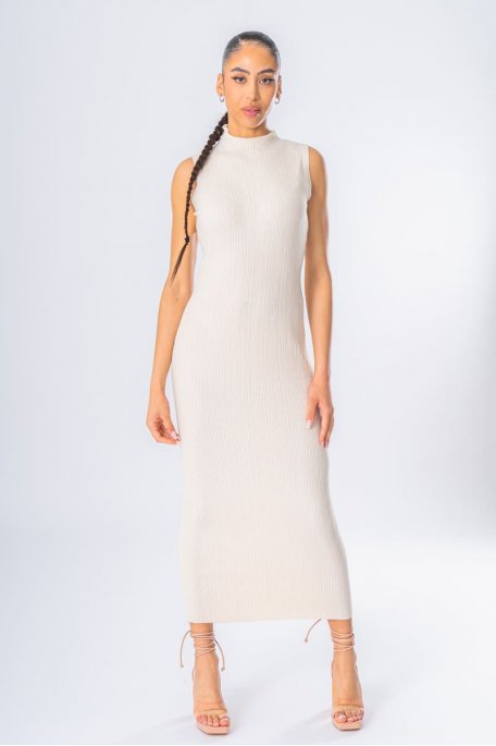 Beige sleeveless high neck dress