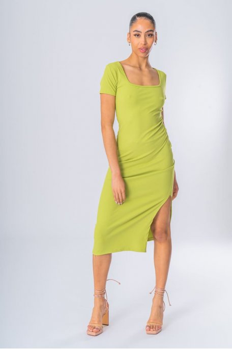 Long dress with ribbed slit and green square neck