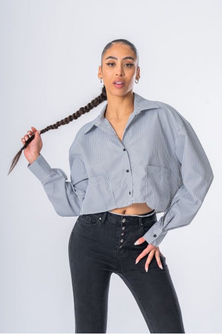 Chemise rayée courte oversize poches gris