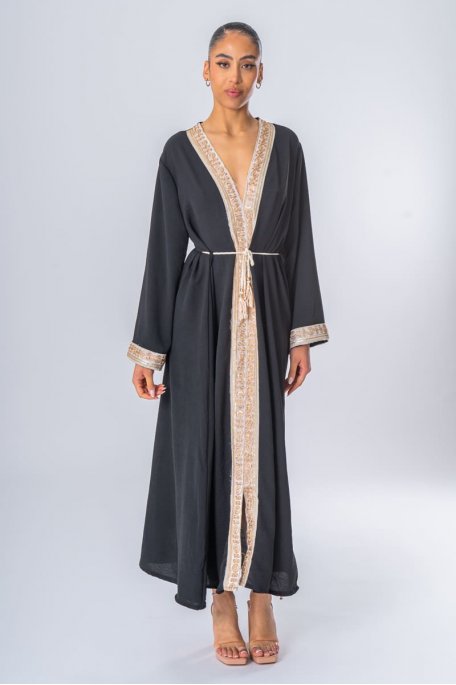 Belted abaya dress with black rhinestone embroidery