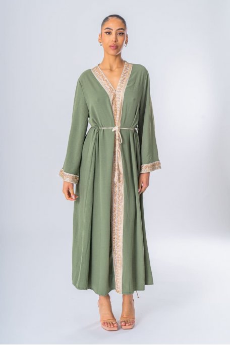 Belted abaya dress with khaki rhinestone embroidery