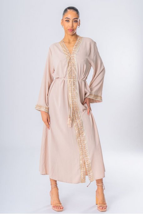 Belted abaya dress with beige rhinestone embroidery