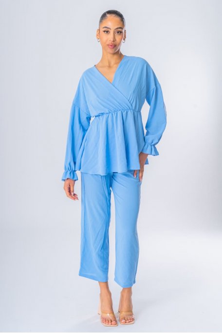 Blue wrap-around blouse set