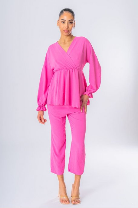 Ensemble blouse cache-cœur rose