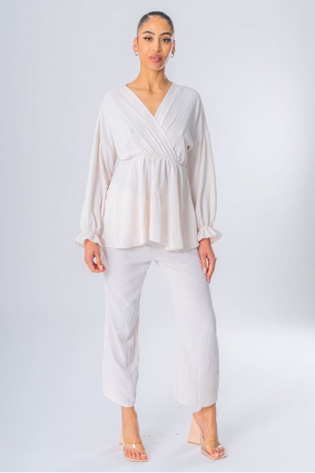 Ensemble blouse cache-cœur beige