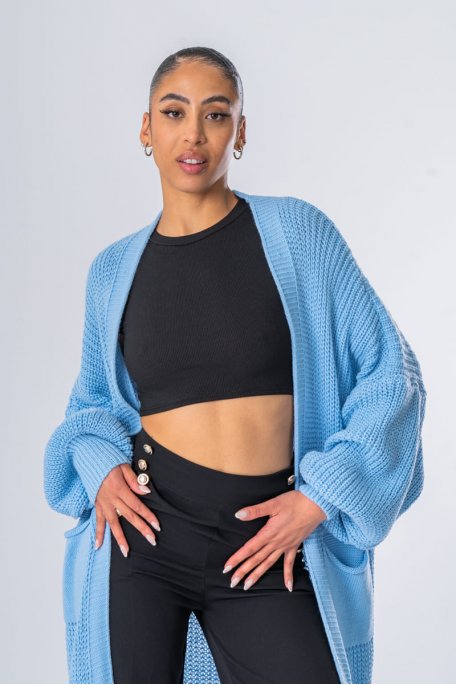 Gilet long manches bouffantes maille bleu