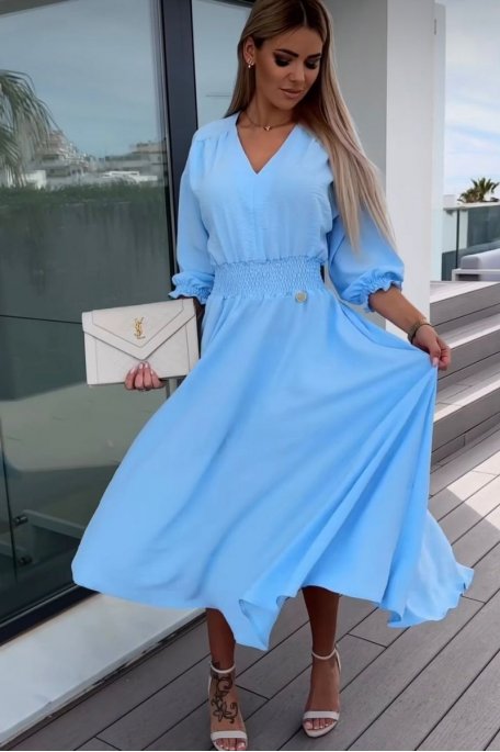 Langes fließendes Kleid mit kurzen Ärmeln und V-Ausschnitt blau