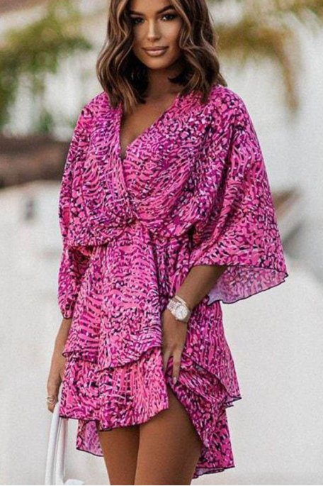 Kleid mit abstraktem Muster Fledermausärmel rosa