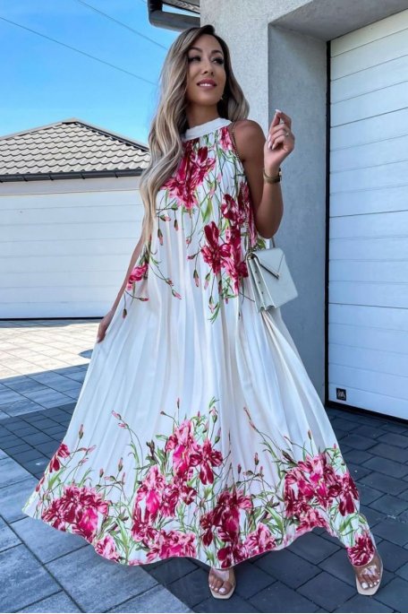 Robe longue fleurie plissée sans manches blanc