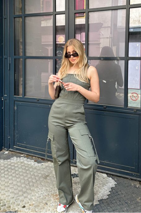 Jumpsuit with corset effect straps and baggy pants khaki