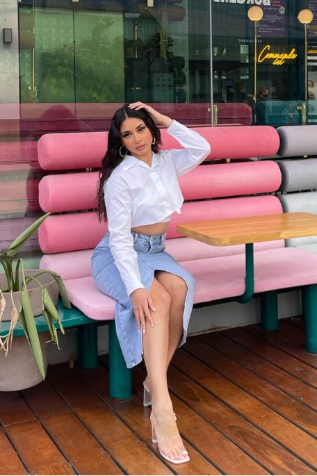 Blue long denim skirt with slit