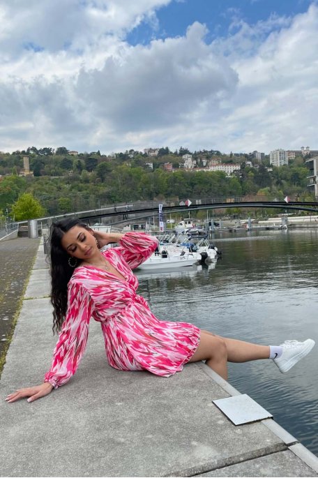 Pink tie and dye belted wrap dress