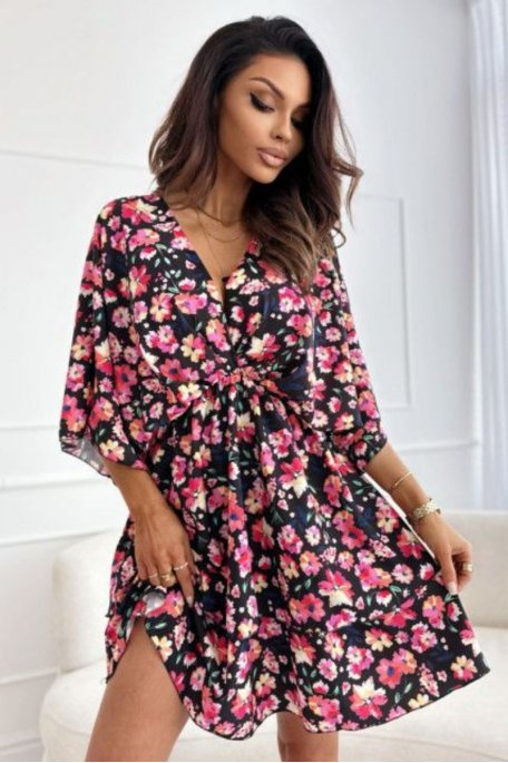 Short flowing ruched floral dress, short sleeves, black