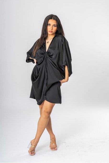 Robe satinée froncée chauve-souris noir