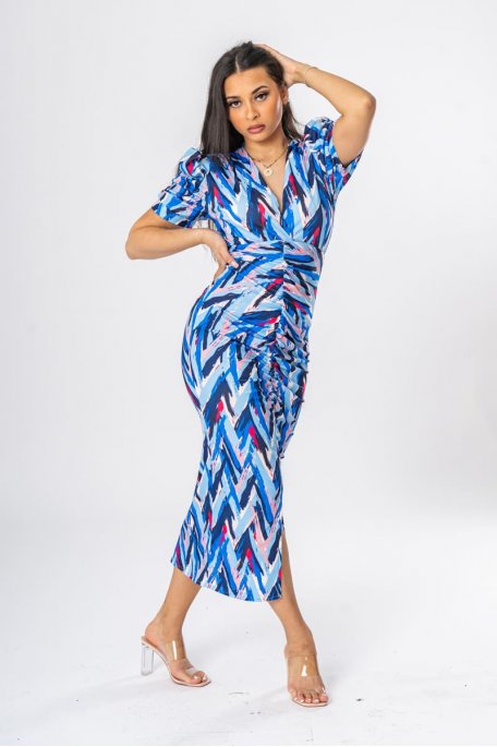 Gathered long dress with blue slit print