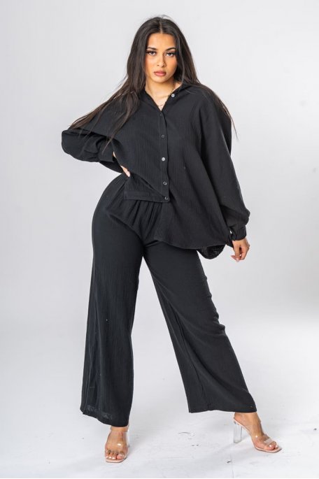 Black cotton gauze fluid shirt set