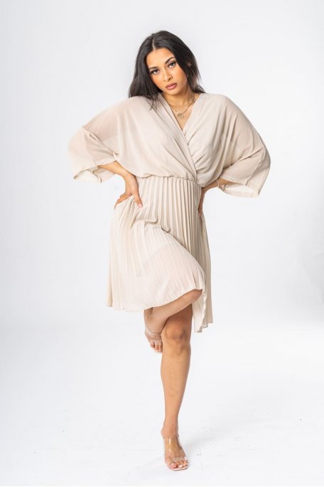 Robe courte fluide plissée effet drapé beige