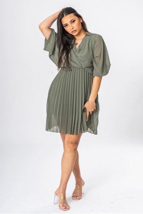 Robe courte fluide plissée effet drapé kaki