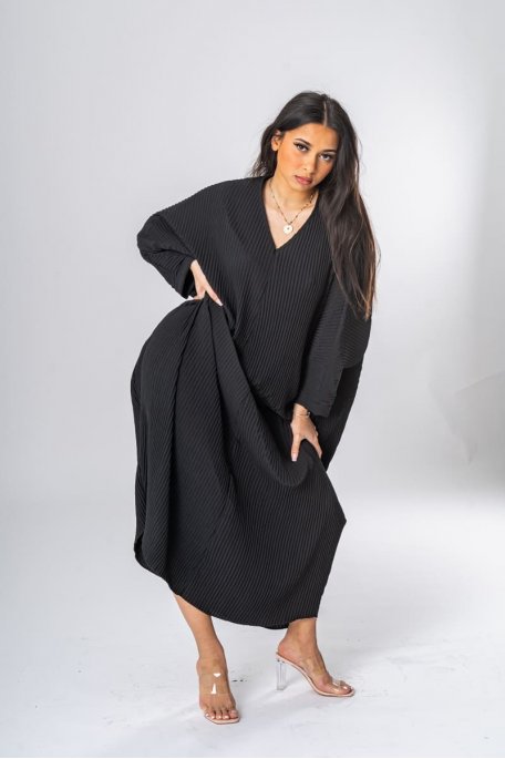 Robe longue ample col v plissée noir