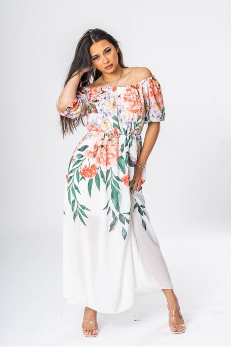 Robe longue fluide imprimé fleuri col bardot blanc