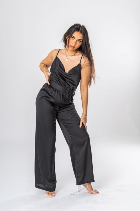 Fluid satin jumpsuit with black cowl-neck belt