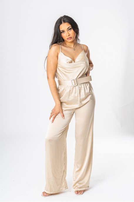 Fluid satin jumpsuit with belted cowl neck, beige