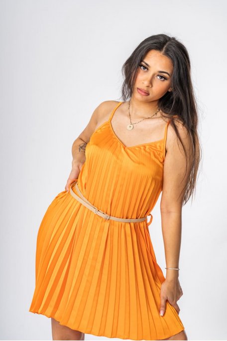 Short belted pleated dress with thin orange straps