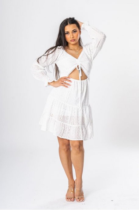 White openwork embroidered midi-length dress