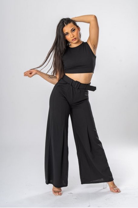 Ensemble crop top sans manches pantalon ceinturé noir