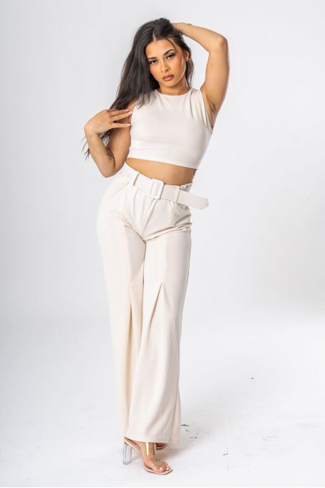 Beige crop top sleeveless belted pants set