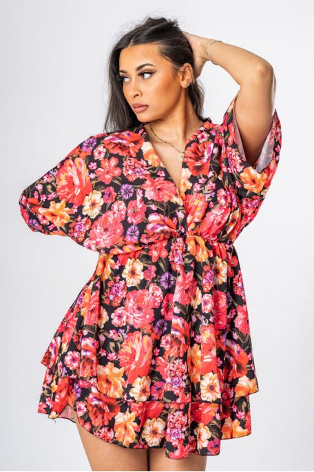 Short flowing ruched black floral dress