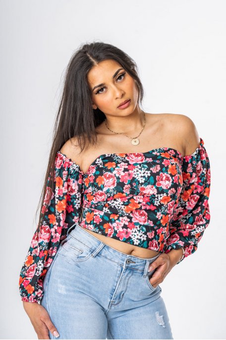 Strapless crop top with bardot collar and black floral motif