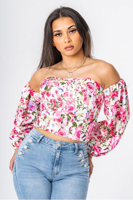 Crop top bustier col bardot motif fleuri blanc