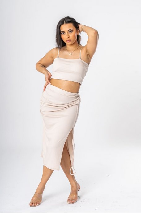 Beige crop top skirt skin-tight set with thin straps