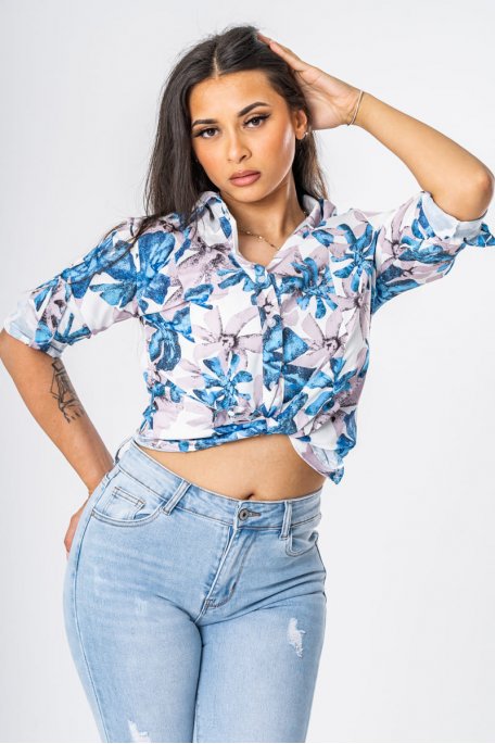 Chemise fleurie manches retroussées bleu
