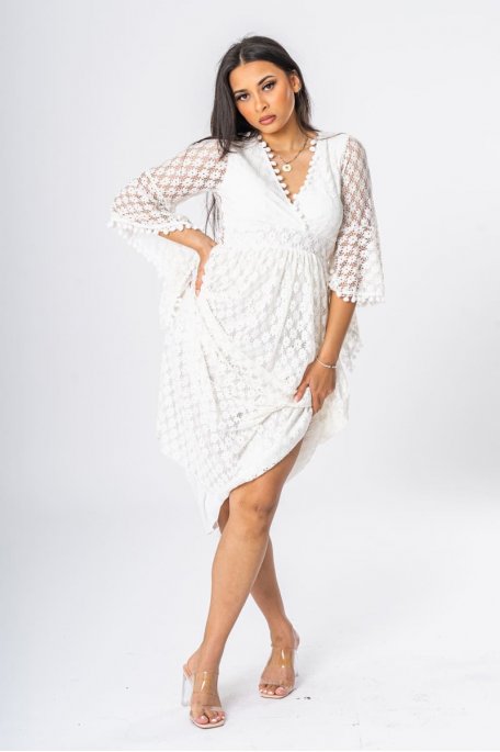 White lace wrap dress with tassels
