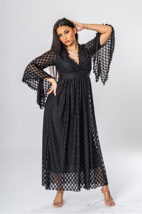 Black lace wrap dress with tassels