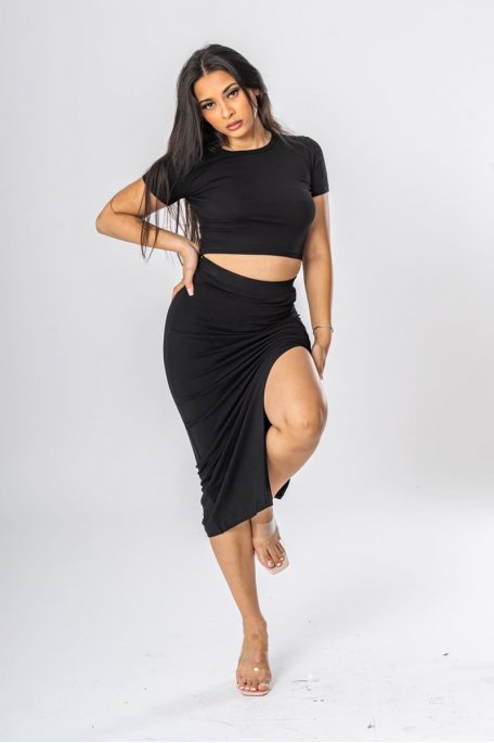 Black slit skirt tee-shirt set