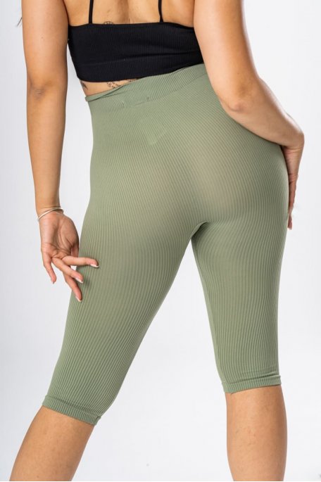 Khaki Ribbed Mid Rise Basic Leggings